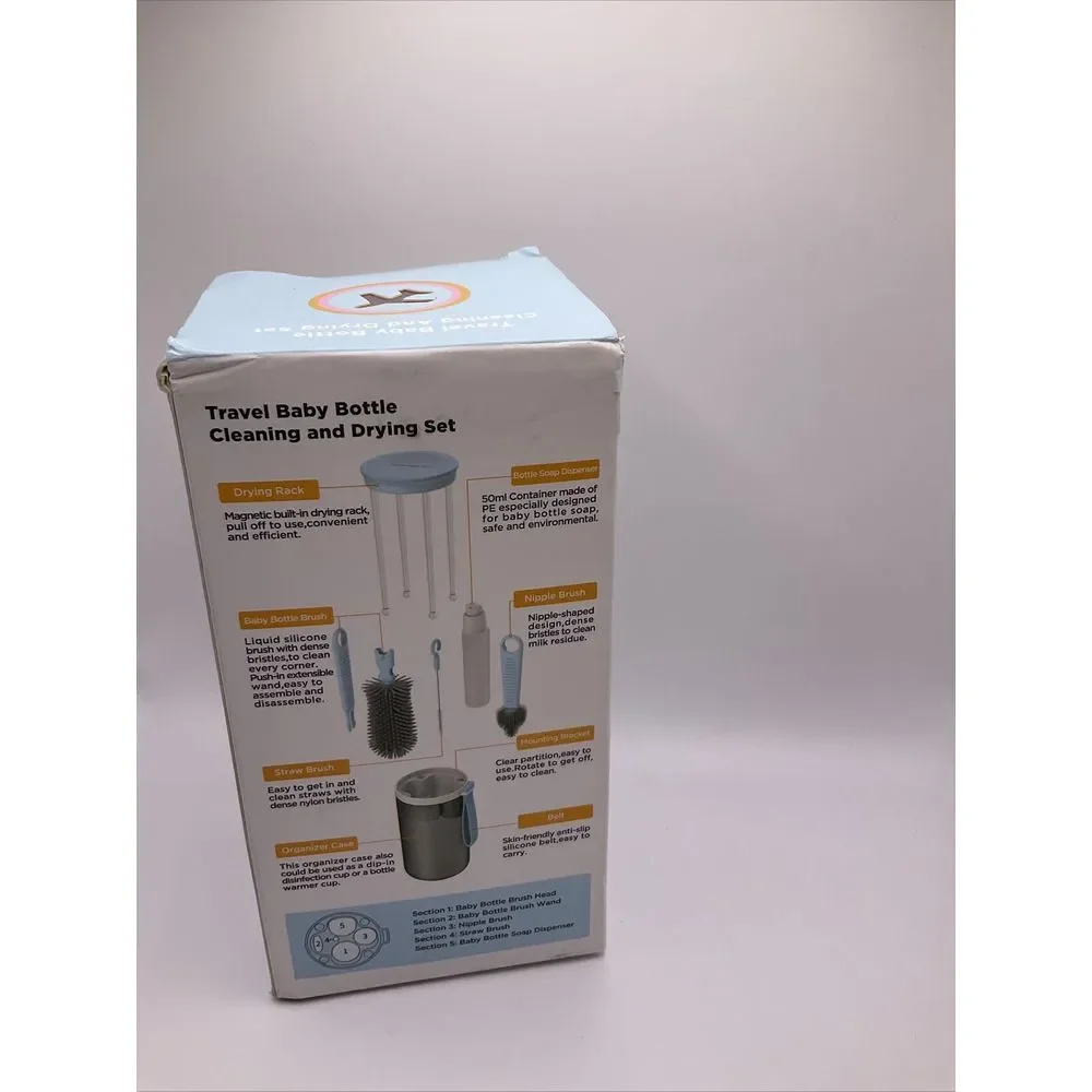 Travel Baby Bottle Cleaning Drying set silicon brushes‎ organizer case Open Box